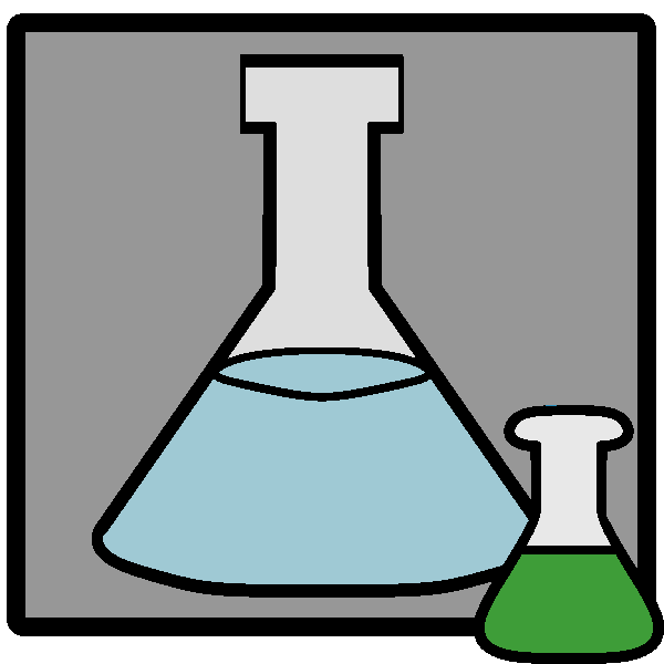 A beaker filled with a light blue fluid in a frame with a green beaker in the corner.